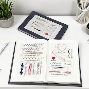 以下が含まれることがあります： 刺繍されたステッチサンプルが入った開いた本と、ステッチされたデザインの閉じた本。開いた本には、ヘリンボーン、クロス、ジグザグステッチなど、赤、青、茶色の糸でさまざまなステッチタイプが表示されています。閉じた本には、ステッチされた家と木のデザインがあります。
