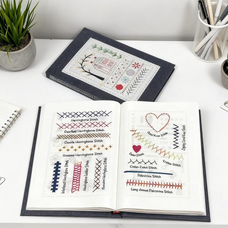以下が含まれることがあります： 刺繍されたステッチサンプルが入った開いた本と、ステッチされたデザインの閉じた本。開いた本には、ヘリンボーン、クロス、ジグザグステッチなど、赤、青、茶色の糸でさまざまなステッチタイプが表示されています。閉じた本には、ステッチされた家と木のデザインがあります。