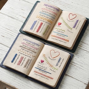 以下が含まれることがあります： さまざまな刺繍ステッチを示す2冊の開いたノート。各ステッチは「Herringbone Stitch」や「Cretan Stitch」などの名前でラベル付けされています。ステッチは、クリーム色の生地に、青、赤、緑など、さまざまな色で施されています。