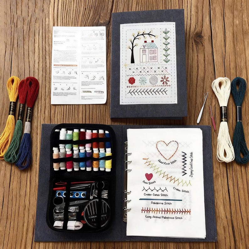 以下が含まれることがあります： 様々な色の糸、針、道具が揃った、完全な刺繍キット。 家のデザインのクロスステッチプロジェクト、ステッチの例が載った小冊子、ジッパー付きのケースが含まれています。