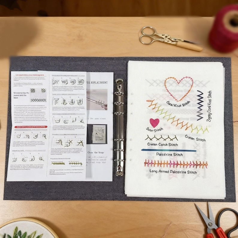 以下が含まれることがあります： 刺繍の指示が書かれた、開いたグレーのバインダー。右側には、ハートやジグザグ模様など、ステッチの例が表示されています。金色のハサミと赤い糸も確認できます。