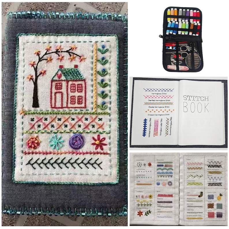以下が含まれることがあります： 手作りの刺繍プロジェクト。家、木、花の模様が刺繍されています。グレーの生地にビーズの縁取りが施されています。黒い裁縫道具と、さまざまなステッチの例が載ったステッチブックも写っています。