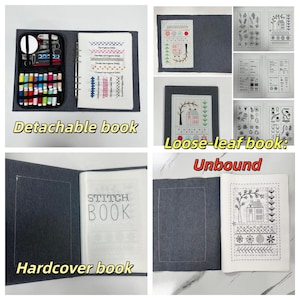 以下が含まれることがあります： グレーのフェルトステッチブック。刺繍ツールと糸が入った取り外し可能なセクションがあります。ステッチの例が載ったルーズリーフセクションと、「STITCH BOOK」のテキストが入ったハードカバーセクションが含まれています。「Detachable book」、「Loose-leaf book: Unbound」、「Hardcover book」の文字も表示されています。