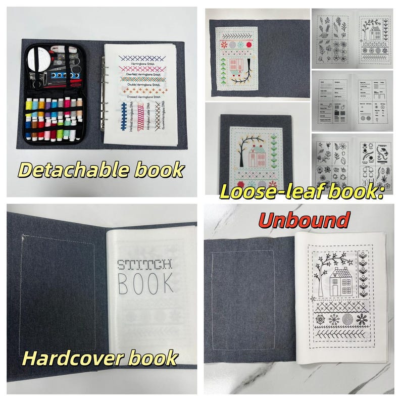 以下が含まれることがあります： グレーのフェルトステッチブック。刺繍ツールと糸が入った取り外し可能なセクションがあります。ステッチの例が載ったルーズリーフセクションと、「STITCH BOOK」のテキストが入ったハードカバーセクションが含まれています。「Detachable book」、「Loose-leaf book: Unbound」、「Hardcover book」の文字も表示されています。