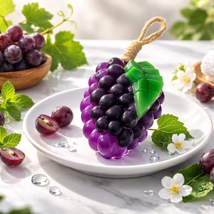 May include: A grape-shaped soap with a green leaf accent and a rope handle sits on a white plate. The soap is surrounded by fresh grapes, mint leaves, and white flowers, suggesting a spa or bath product.