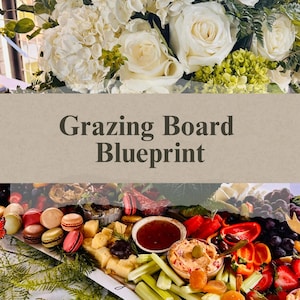 May include: A platter of food including macarons, cheese, dips, and fruit, decorated with greenery and butterflies. The text "Grazing Board Blueprint" is displayed above the board, with a floral arrangement in the background. A selection of food for a party.