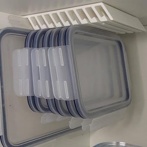 Può includere: Un ripiano portaoggetti in plastica bianca montato sotto una mensola che sostiene cinque contenitori rettangolari trasparenti per alimenti con guarnizioni in silicone blu e coperchi traslucidi a chiusura, organizzati verticalmente.