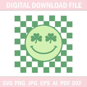 May include: A digital download file featuring a green smiley face with shamrock eyes on a green and white checkered background. The text "DIGITAL DOWNLOAD FILE" is at the top, and file type options are listed at the bottom.