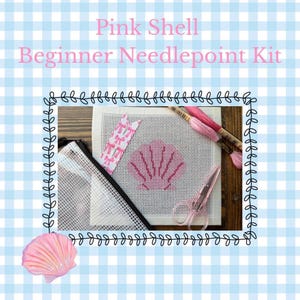 May include: A beginner needlepoint kit featuring a pink shell design. The kit includes a canvas with the shell outline, pink thread, scissors, a needle, and a small zipper pouch. The text "Pink Shell Beginner Needlepoint Kit" is displayed at the top.