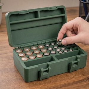May include: A matte olive green plastic storage case with a hinged lid, designed with multiple circular slots for organizing various sizes of batteries. The case features two front latches and additional rectangular compartments for extra storage.