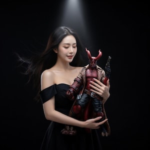 Puede incluir: Figura de acción roja de Hellboy con gabardina marrón y pistola. La figura tiene cuernos y la sostiene una persona con un vestido negro sobre un fondo negro.