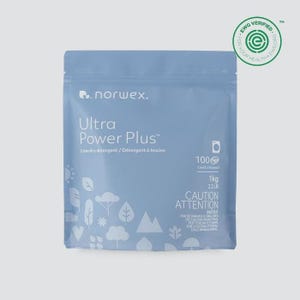 May include: A light blue pouch of Norwex Ultra Power Plus laundry detergent. The package includes the text "Ultra Power Plus" and "Laundry detergent". It contains 1 kg (2.2 lbs) of detergent, enough for 100 loads.