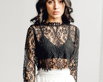 Theodora Crop Top - Wedding Separate - Lace Crop Top - High Neck - Victorian - Long Sleeve Lace Wedding Dress - Crop Top Wedding Dress