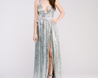 Emmy Dress in Sequin - Sequin Wedding Dress - Sequin Gown - Plunge Neck - Lace Up Dress - Backless Dress - High Slit - Glam Wedding