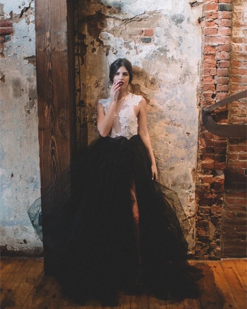 Iris Wrap Skirt Wedding Separates Tulle Skirt Black Wedding Dress Sheer Wedding Dress High Slit Wrap Wedding Dress image 2