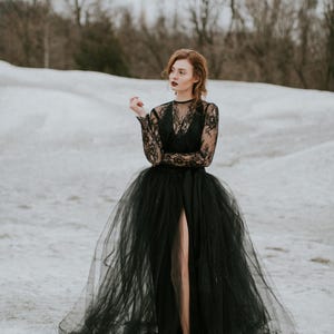 Iris Wrap Skirt Wedding Separates Tulle Skirt Black Wedding Dress Sheer Wedding Dress High Slit Wrap Wedding Dress image 3