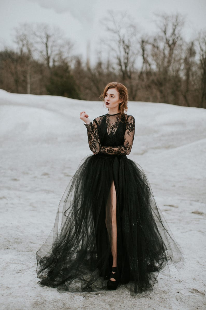 Iris Wrap Skirt Wedding Separates Tulle Skirt Black Wedding Dress Sheer Wedding Dress High Slit Wrap Wedding Dress image 3