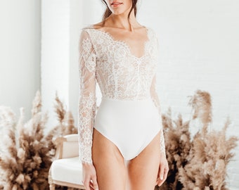 Vivianne Bodysuit - Wedding Separate - V Neck Wedding Dress - Classic Wedding Dress - Long Sleeve Wedding Dress - Lace Wedding Dress