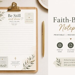 May include: A printable notepad sheet on a clipboard with a gold clip, featuring the text Be Still and know that I am God, Psalm 46:10, and I can do all things through Christ who strengthens me, Philippians 4:13, with watercolor leaf illustrations.