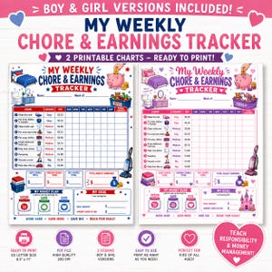 May include: Two printable weekly chore and earnings tracker charts featuring columns for chores, categories, pay, and days of the week. The charts include sections for money plans, savings goals, and illustrations of piggy banks, toys, and cleaning tools.