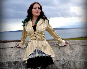 Gold Striped Steampunk Coat, Lace trimmed coat, Lined jacket, lace up back Steampunk Coat