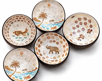 Handmade Seashell Inlaid Coconut Bowl | Coastal Boho Decor