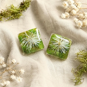 May include: A pair of square-shaped resin stud earrings featuring embedded green leaves and a white, star-shaped flower with thin, radiating petals and small gold-coloured centres, encased in a clear, glossy, smooth, and transparent material.
