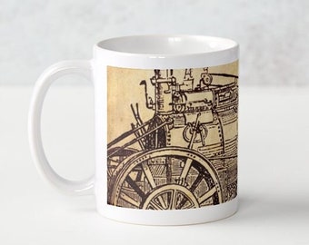 Antique Steam Engine Coffee Mug - Wraparound Mug - Steampunk Mug