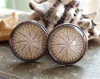 SALE - Compass Cufflinks - Compass Cuff Links In Bronze - Pirate Jewelry - Nautical