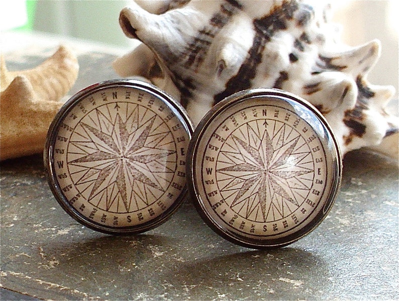 SALE Compass Cufflinks Compass Cuff Links In Bronze Pirate Jewelry Nautical image 1