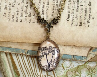 Poison Hemlock Necklace - Antique Botanical Print Pendant in Bronze or Silver