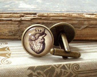 Anatomical Heart Cufflinks - Antique Anatomy Print Cuff Links in Bronze - Wedding