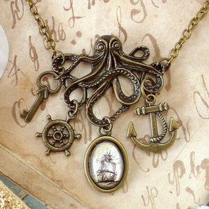 Octopus Necklace Anchor Necklace Pirate Jewelry Statement Necklace The Kraken Pirate Ship Bronze Finish