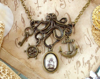 Octopus Necklace - Anchor Necklace - Pirate Jewelry - Statement Necklace - The Kraken - Pirate Ship