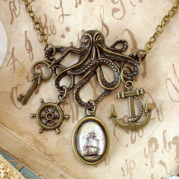 Collier pieuvre - Collier ancre - Bijoux de pirate - Collier tendance - Le Kraken - Bateau pirate