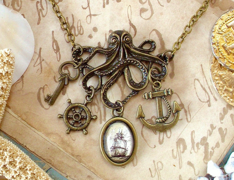 Octopus Necklace Anchor Necklace Pirate Jewelry Statement Necklace The Kraken Pirate Ship Bronze Finish