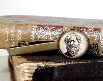 Socrates Tie Clip - Antique Philosophy Print Tie Bar in Bronze or Silver Finish