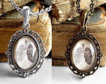 Lung Necklace - Little Antique Anatomy Pendant in Bronze or Silver Finish - Anatomical Lungs