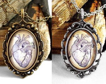 Anatomical Heart Necklace - Antique Anatomy Print Pendant in Silver Finish or Bronze