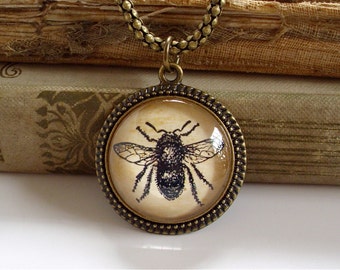 Bumble Bee Necklace - Antique Print Insect Pendant in Bronze or Silver - Queen Bee - Honey Bee