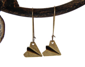 Paper Airplane Earrings - Metal Paper Airplane Shaped Dangle Earrings in Bronze Finish or Silver Finish or Black Finish