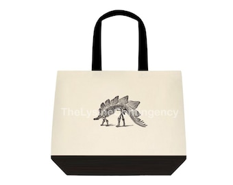 SALE - Dinosaur Bag - Stegosaurus Tote - Canvas Bag with Fossil Dinosaur - Cotton Tote Bag - Large Shoulder Bag