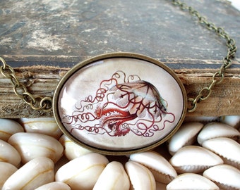 Jellyfish Necklace in Bronze or Silver Finish - Antique Nautical Print Pendant with Chain
