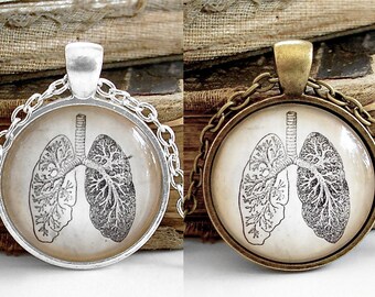 Anatomical Lungs Necklace - Antique Anatomy Print Pendant in Bronze or Silver Plated