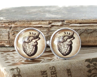 Anatomical Heart Cuff Links / Cufflinks in Silver - Antique Anatomical Print Cuff Links - Wedding