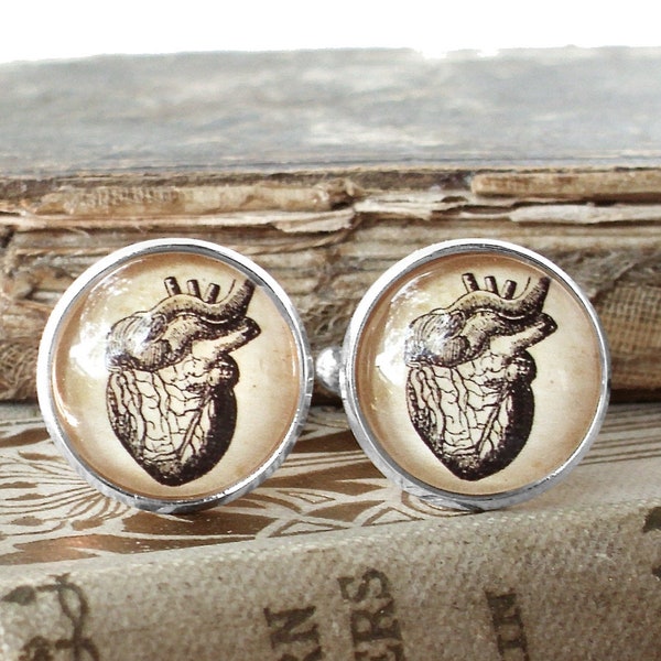 Anatomical Heart Cuff Links / Cufflinks in Silver - Antique Anatomical Print Cuff Links - Wedding