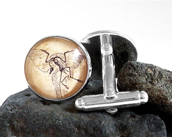 Dinosaur Cufflinks - Archaeopteryx - Antique Fossil Print Cuff Links in Bronze or Silver Finish