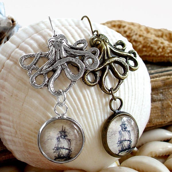 The Kraken Earrings in Bronze or Silver Finish - Octopus Earrings with Pirate Ship - Pirate Jewelry