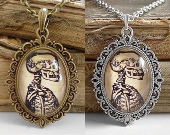 Anatomical Skeleton Skull Necklace - Antique Anatomy Print Pendant in Silver Finish or Bronze