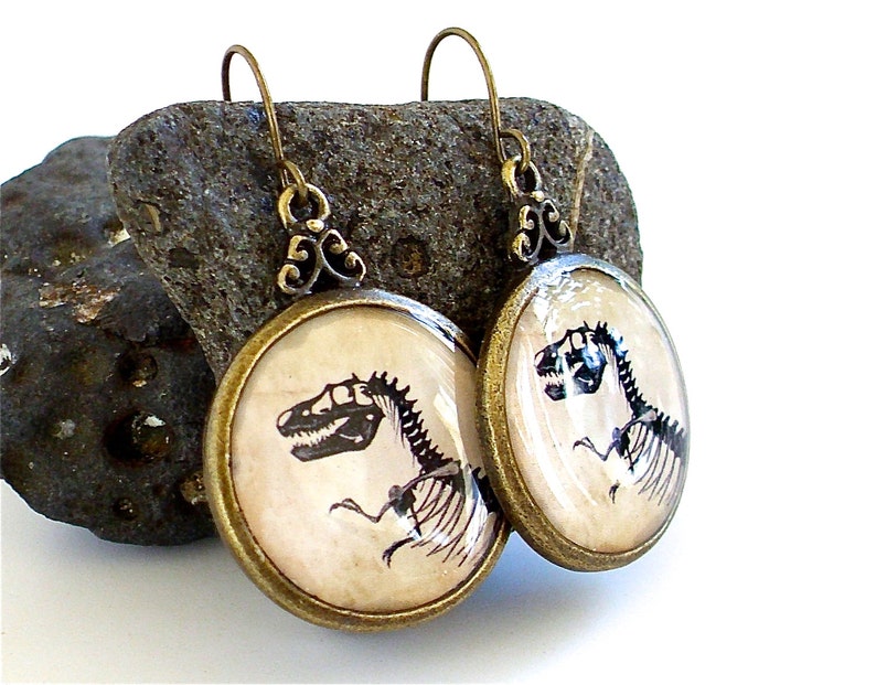 Dinosaur Earrings T Rex Tyrannosaur Dangle Earrings in Bronze image 3